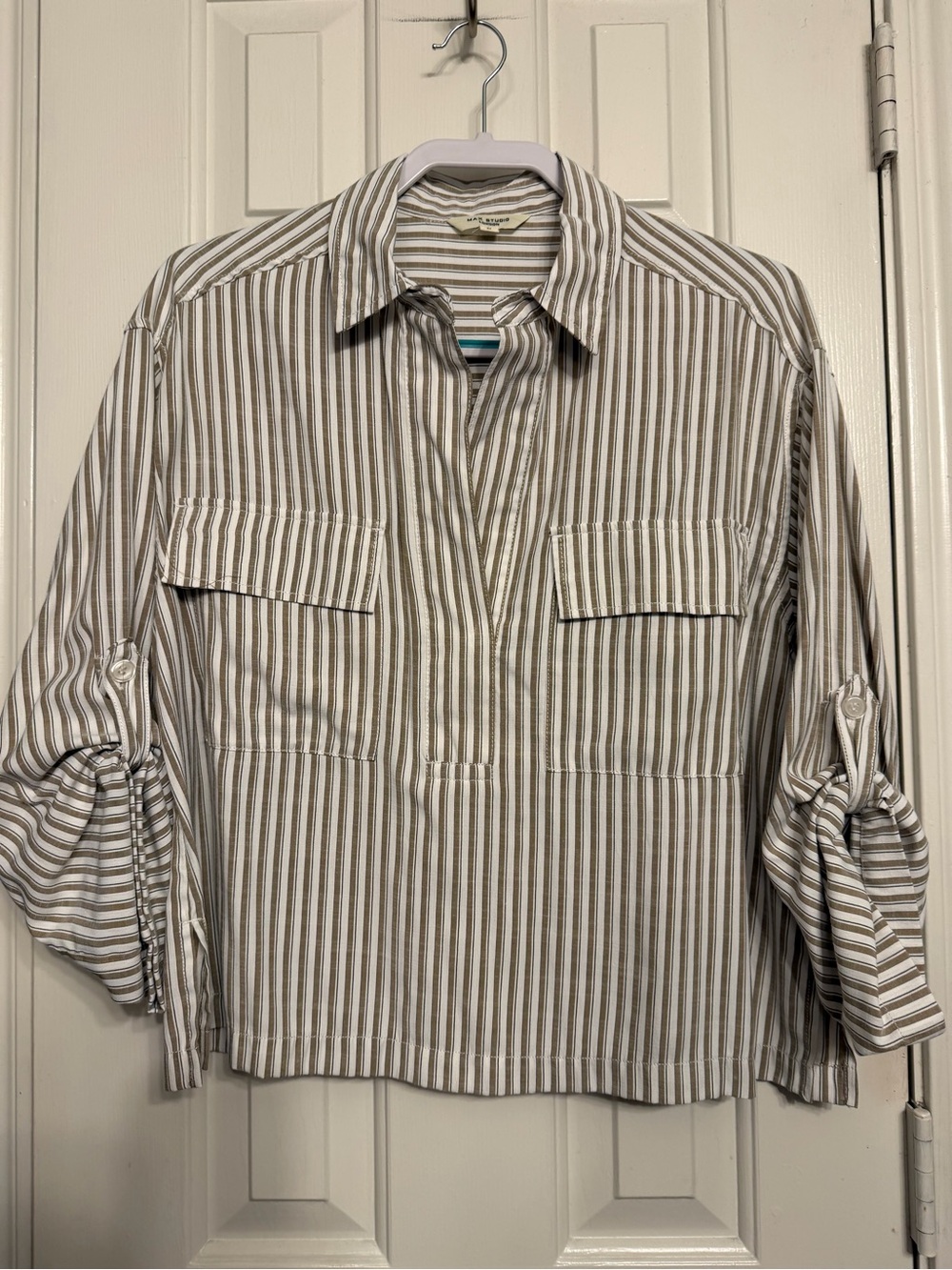 Max Studio Taupe and White Striped Button-Down Shirt